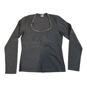 I.N.C. womens sz small petite black beaded neck silk blend blouse long sleeve